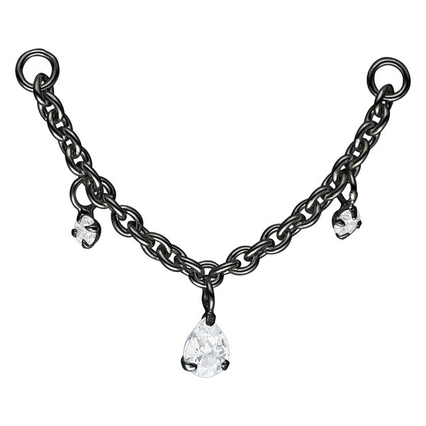 Cadena de metal negra con colgantes de gotas cristalinas sobre fondo blanco