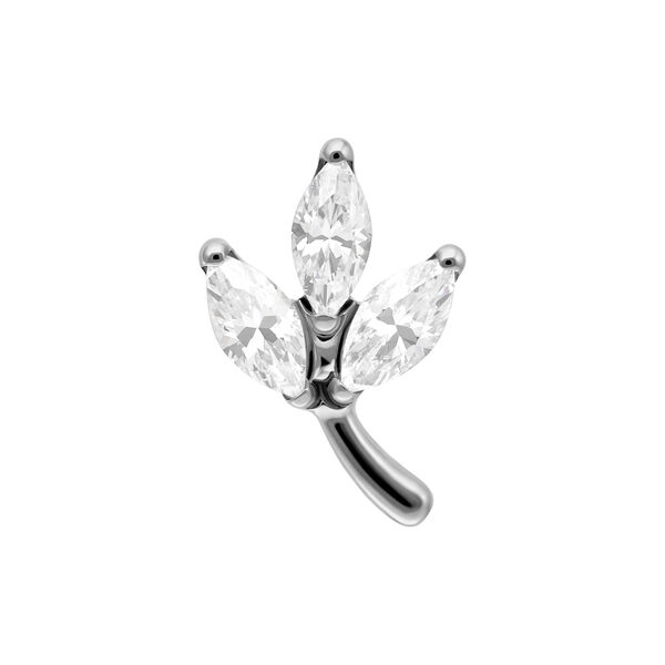 Silberfarbener Piercing-Aufsatz in Form eines Blatts mit drei klaren Kristallen auf weißem Hintergrund.