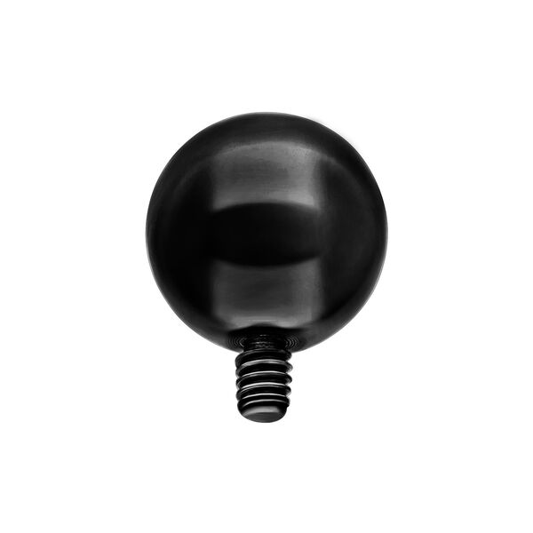 Accesorio redondo de titanio negro para piercing con rosca externa sobre fondo blanco