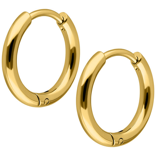 Zwei glänzende goldene Kreolen, 11 mm groß, auf weißem Hintergrund