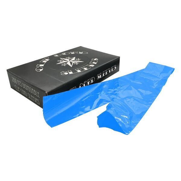 Maniche Clipcord Blu in plastica accanto a confezione nera su sfondo bianco