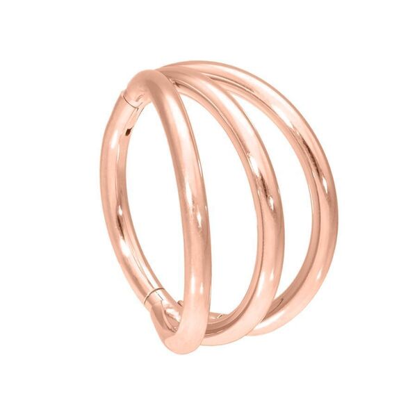 Clicker de triple anillo en oro rosa con 12 mm de diámetro sobre fondo blanco