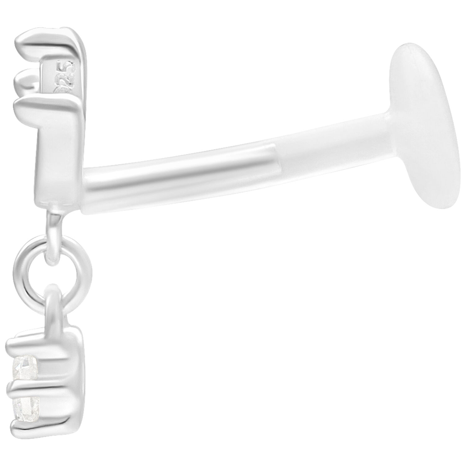Silbernes Lotus Push Fit Labret 5 mm Silbernes Labret mit Push Fit, 5 mm lang, auf weißem Hintergrund
