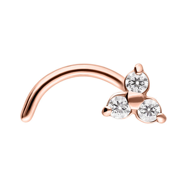 Piercing de nariz en oro rosa con tres cristales transparentes sobre fondo blanco