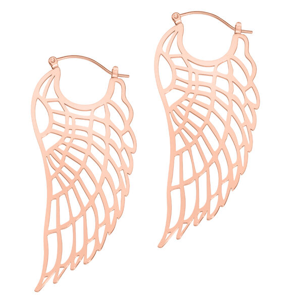 Zwei roségoldene Wing Hoops aus hochglanzpoliertem Chirurgenstahl auf weißem Hintergrund