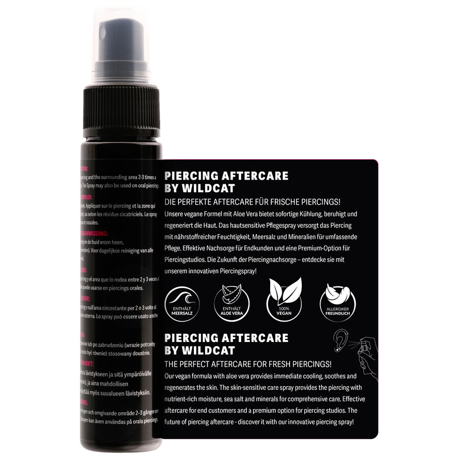Schwarzes Piercingspray von Wildcat mit weißem und rotem Text, 50ml Flasche