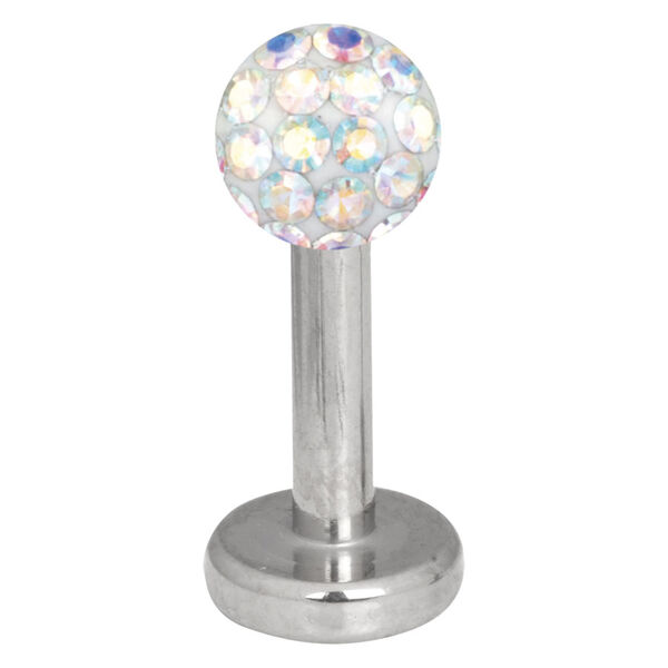 Labret plateado con bola de cristal Aurora Boreale de 4mm sobre fondo blanco