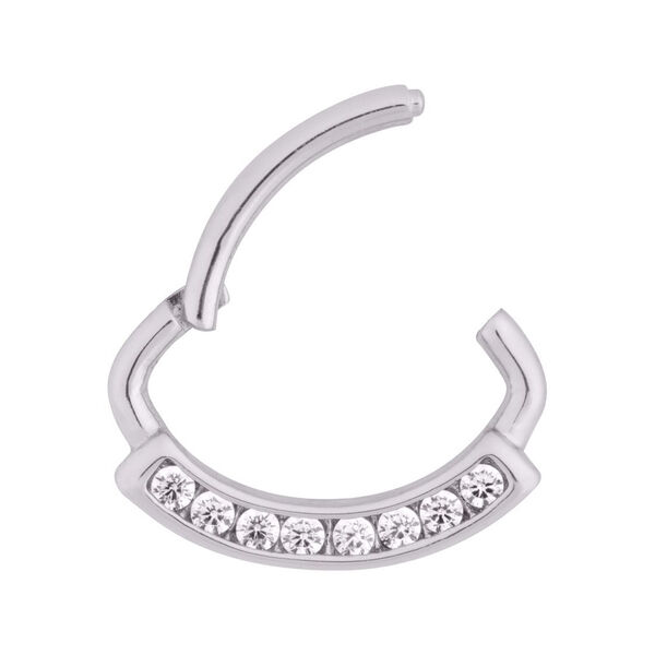 Silberfarbener Channel Hinged Ring aus Chirurgenstahl mit klaren Kristallen auf weißem Hintergrund