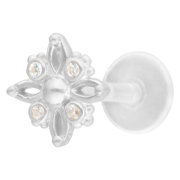 Silberfarbenes Labret mit sternförmigem Aufsatz und Kristallen auf weißem Hintergrund