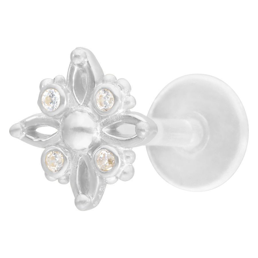 Labret color argento con attacco a forma di stella e cristalli su sfondo bianco