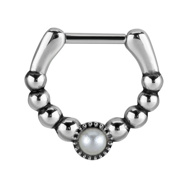 Silberner Septum Clicker mit Perlenverzierung auf weißem Hintergrund