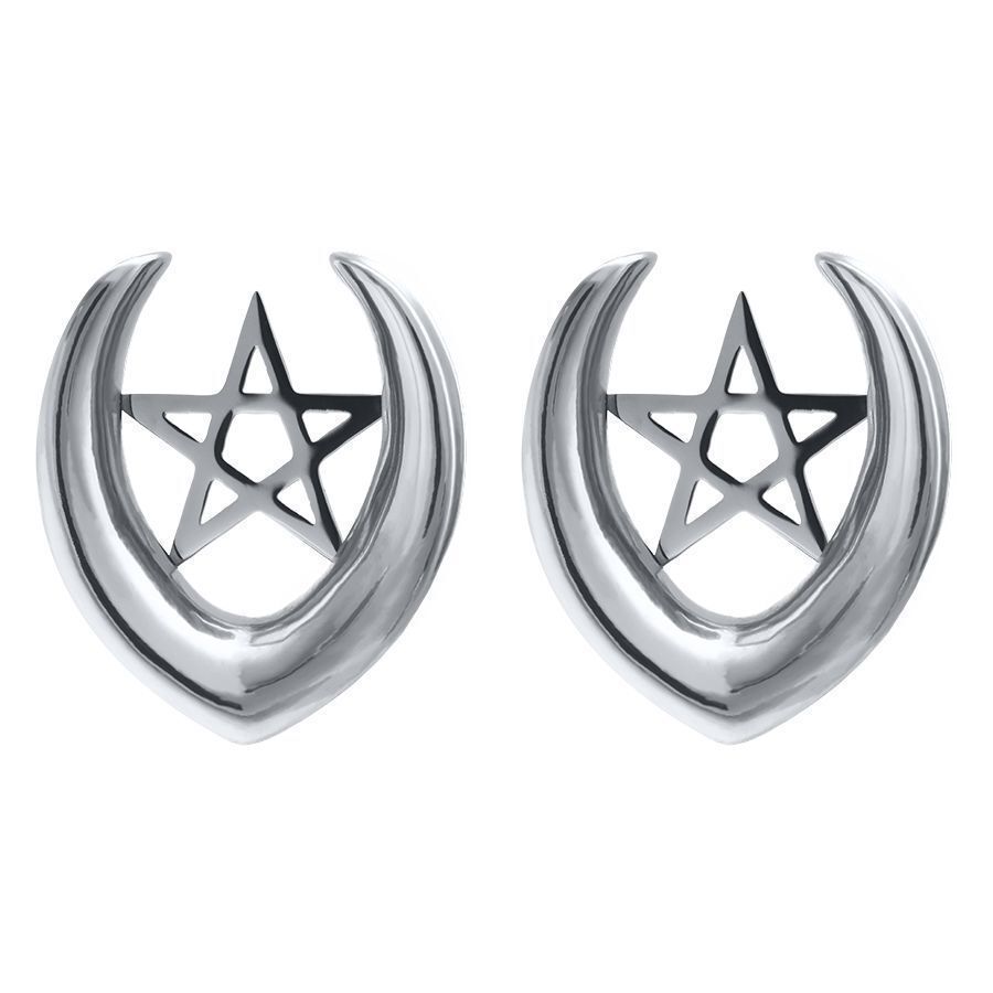 Orecchini a tunnel argento con design a pentagramma, misura 6,0 mm, su sfondo bianco