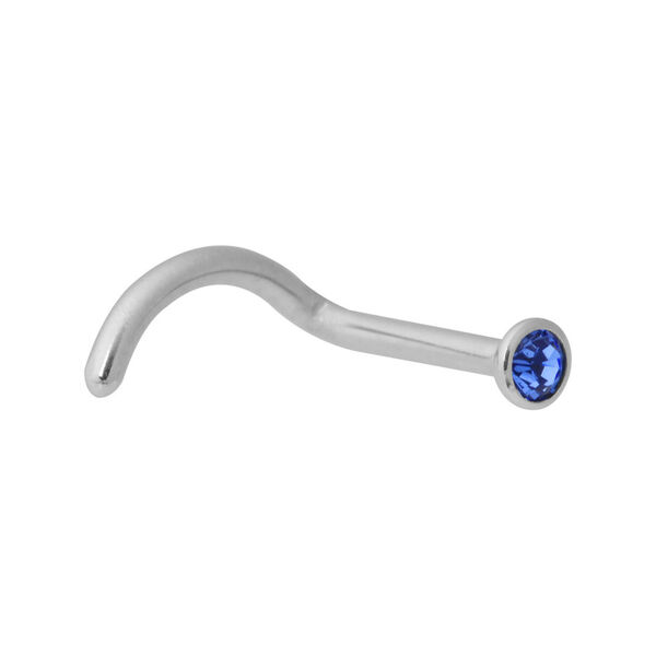 Piercing nasal de acero quirúrgico plateado con cristal azul oscuro sobre fondo blanco