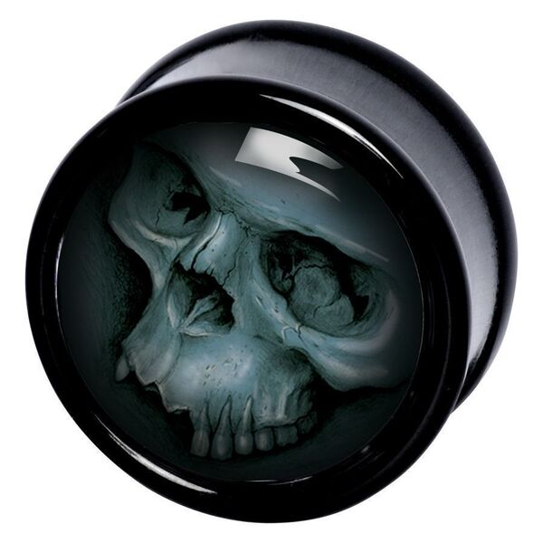 Grauer Totenkopf Plug aus PMMA Runder Plug mit grauem Totenkopf-Motiv, schwarzer Rand, glatte Oberfläche