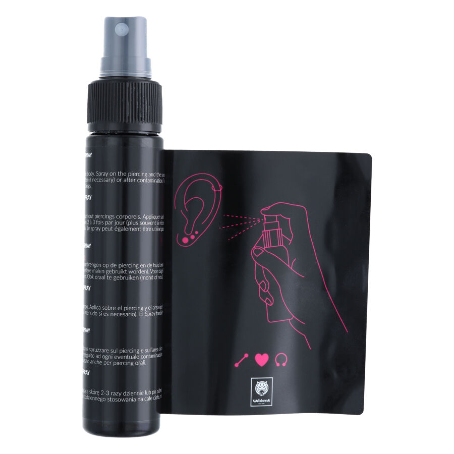 Botella de spray para piercings e instrucciones con dibujo sobre fondo blanco