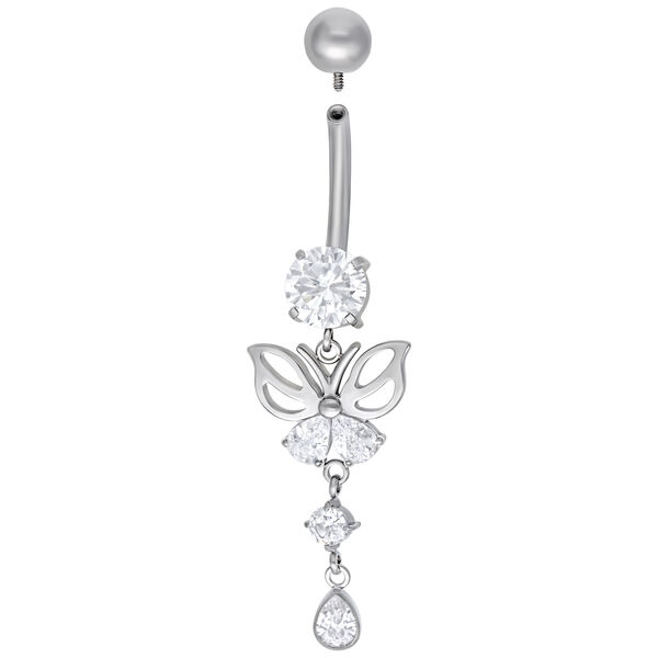Silbernes Bauchnabelpiercing in Schmetterlingsform mit klaren Kristallen auf weißem Hintergrund