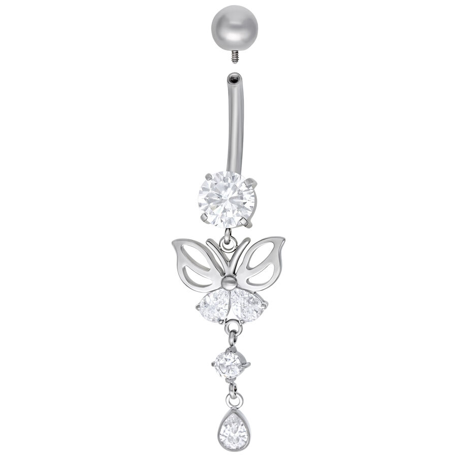 Silbernes Bauchnabelpiercing in Schmetterlingsform mit klaren Kristallen auf weißem Hintergrund