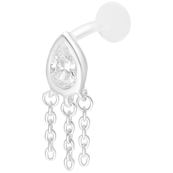 Hopeinen labret-lävistys pisarakristallilla ja kolmella ketjulla valkoisella taustalla