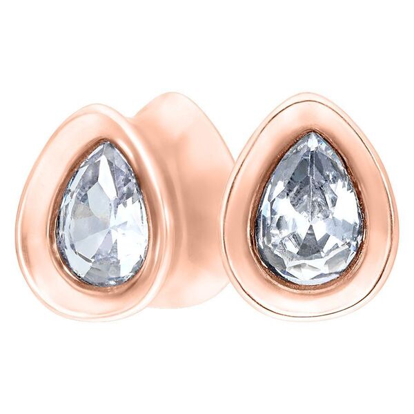 Roségoldene Plugs mit ovalem kristallklarem Stein auf weißem Hintergrund