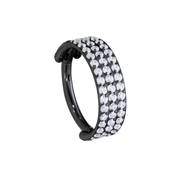 Anillo de piercing negro con cristales claros, 10 mm de diámetro, sobre fondo blanco