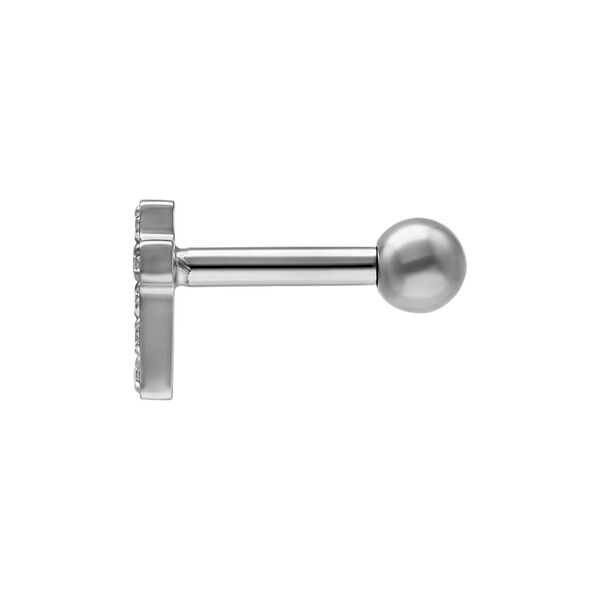 Barbell per orecchio in argento con croce di cristallo e sfera su sfondo bianco