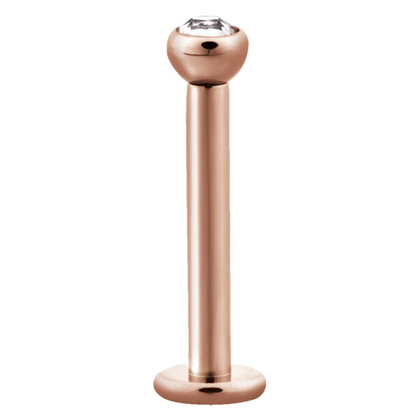 Labret de oro rosa de acero quirúrgico con cristal claro sobre fondo blanco