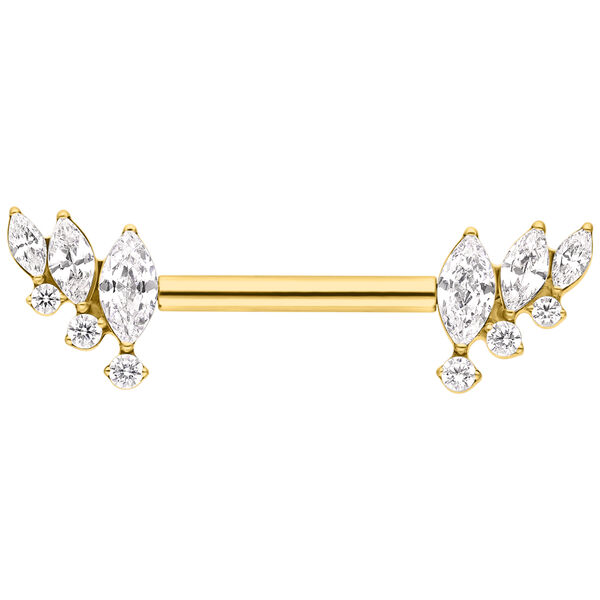 Kultainen barbell kristallisiivillä, pituus 12 mm, valkoisella taustalla