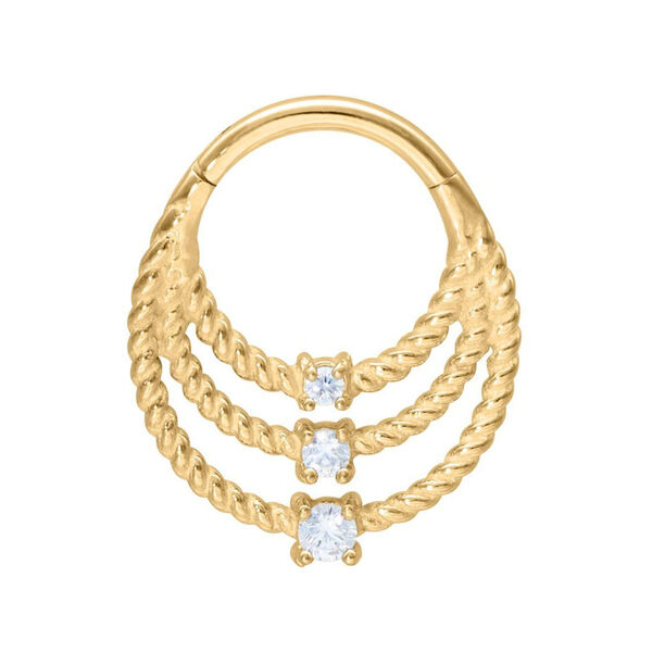 Anello piercing dorato con tre file intrecciate e cristalli chiari