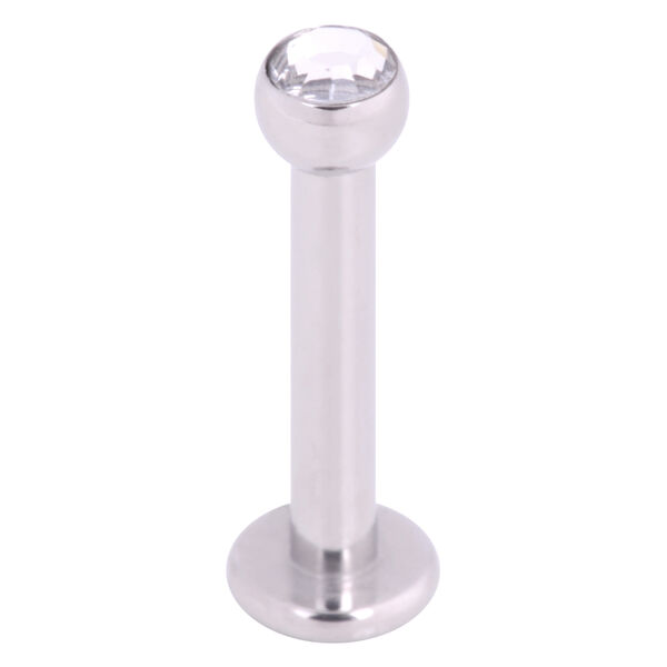 Labret plateado de titanio con cristal claro sobre fondo blanco