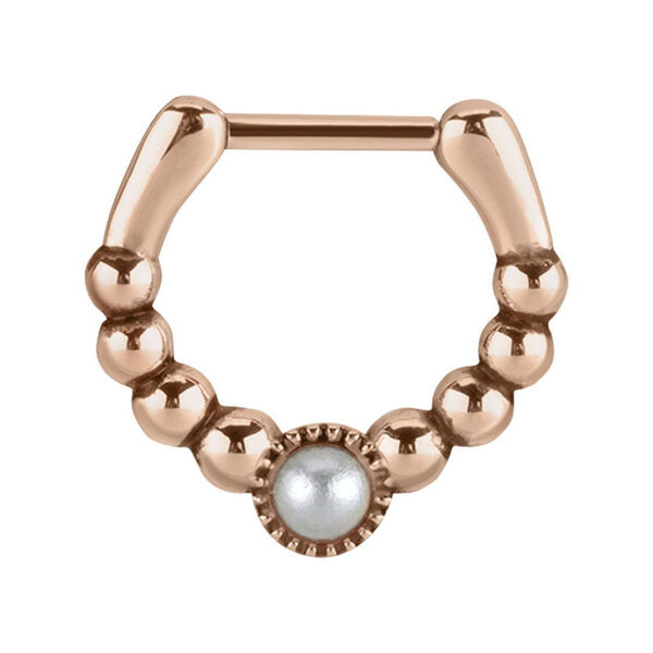 Roségoldener Septum Clicker mit Kugeldesign und einer Perle in der Mitte auf weißem Hintergrund