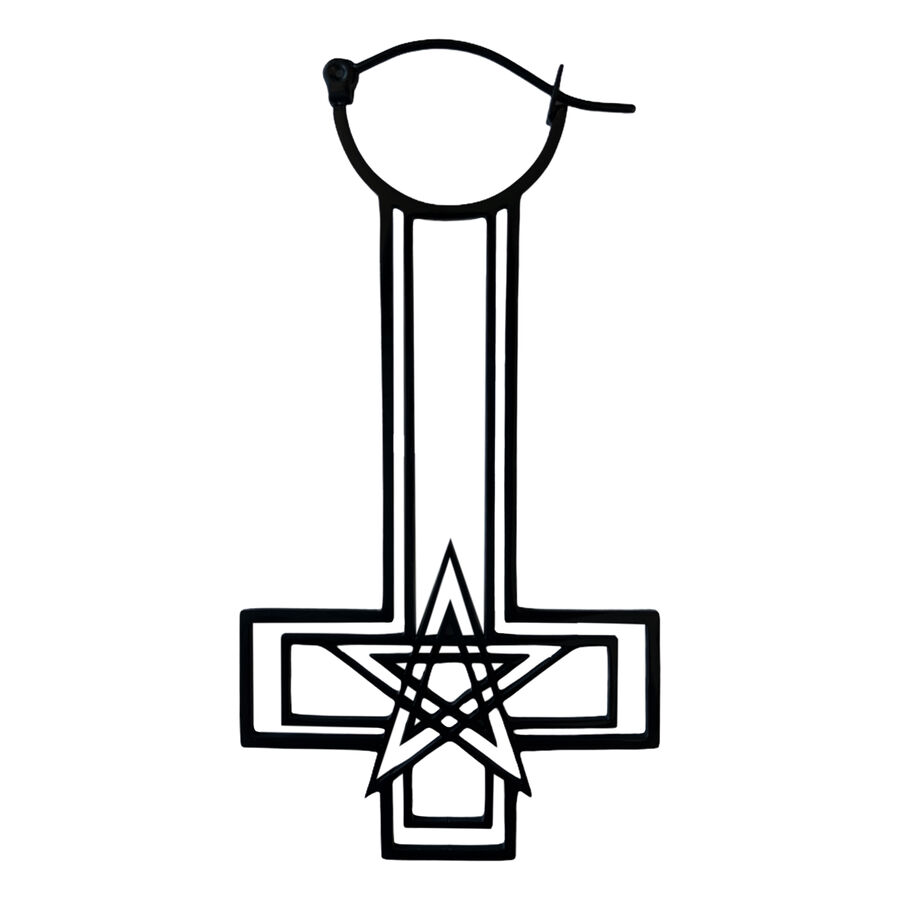 Schwarze Ohrringe in Form eines Kreuzes mit Pentagramm auf weißem Hintergrund
