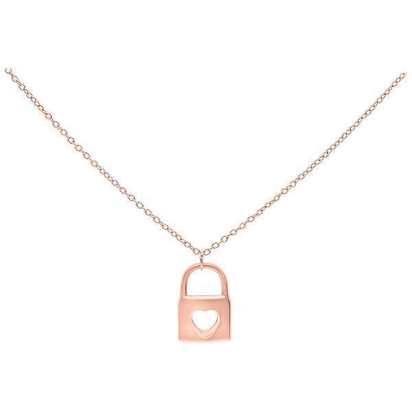 Cadena de oro rosa con colgante de candado en forma de corazón sobre fondo blanco