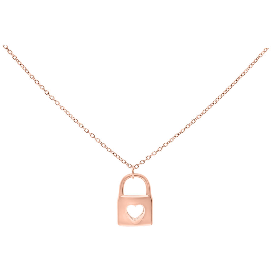 Collana in oro rosa con ciondolo a forma di cuore su sfondo bianco