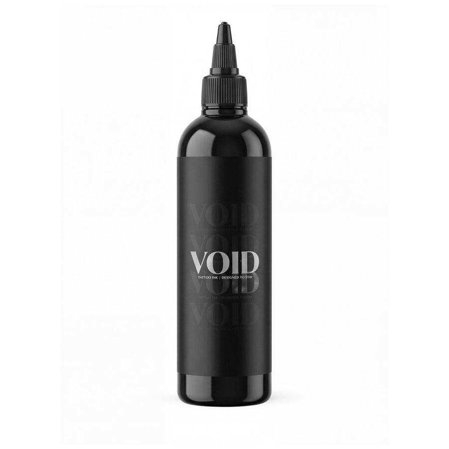 Schwarze Flasche Void Tattoo Ink mit Spenderkappe auf weißem Hintergrund