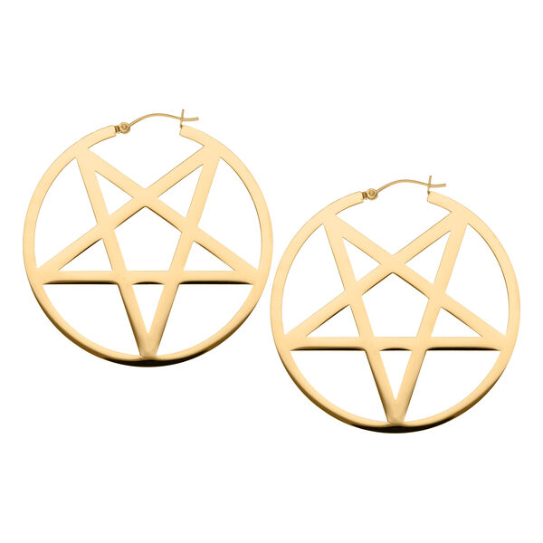 Zwei goldene Pentagram Ohrringe aus Edelstahl vor weißem Hintergrund