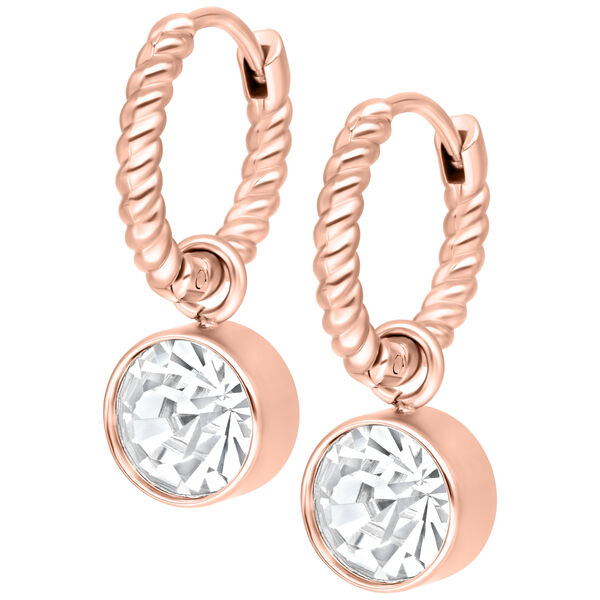 Roségoldene Ohrringe mit gedrehtem Design und klarem Kristall, auf weißem Hintergrund