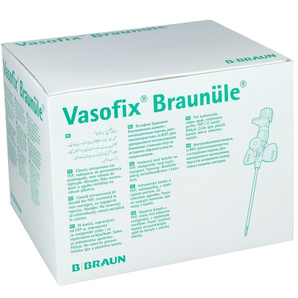 Scatola bianca con scritta verde 'Vasofix Braunüle' e logo B. Braun