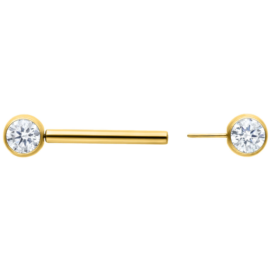 Goldenes Muse Barbell mit kristallklarem Kristall, 12mm Länge auf weißem Hintergrund