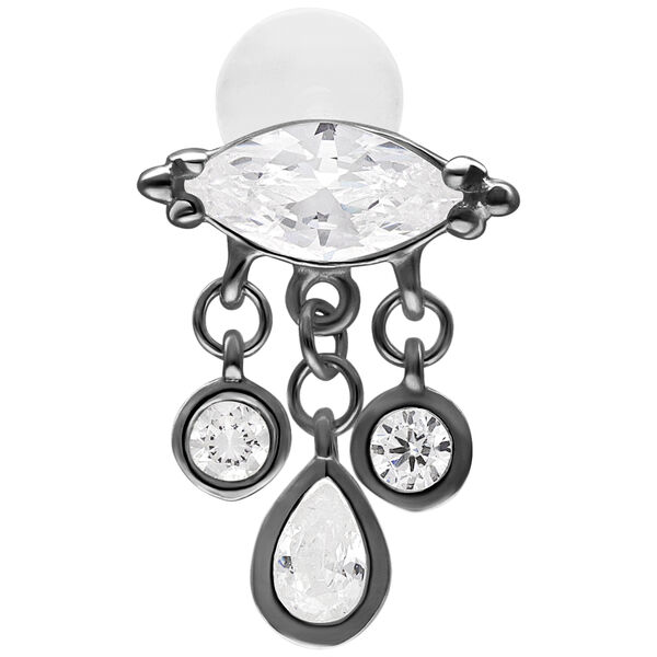 Bella Push Fit Labret negro con placa de 5,0 mm y 3 colgantes sobre fondo blanco