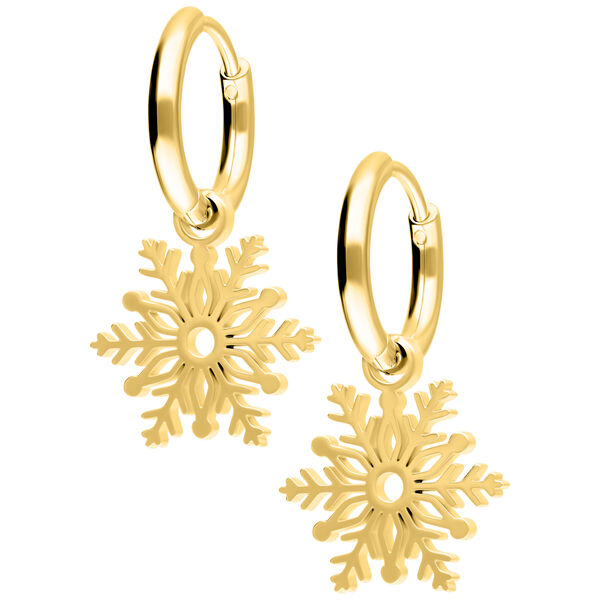 Dos pendientes dorados con colgante de copo de nieve sobre fondo blanco