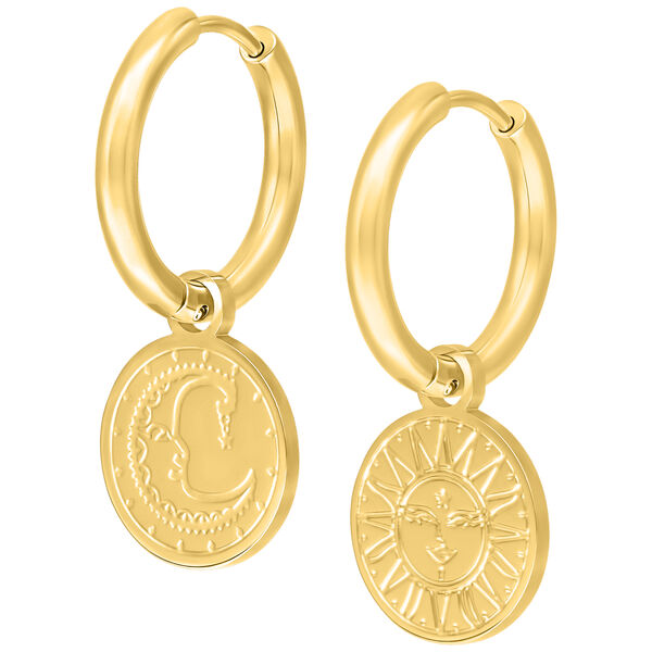 Par de aros dorados con diseño de sol y luna sobre fondo blanco