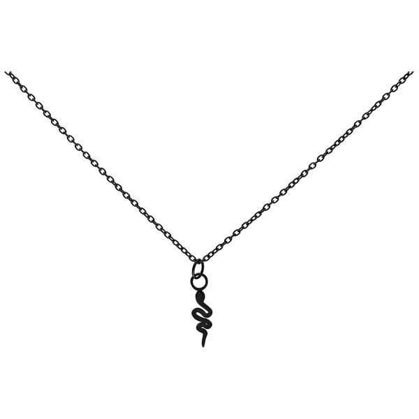 Collana nera con ciondolo a serpente in acciaio chirurgico su sfondo bianco