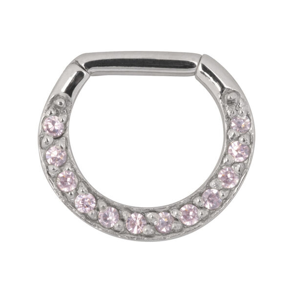 Silberner Septum Clicker mit rosa Kristallen auf weißem Hintergrund