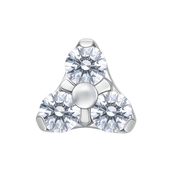 Accesorio Trinity plateado con tres piedras cristalinas sobre fondo blanco