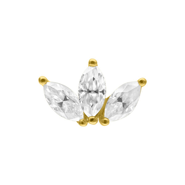 Fiore di loto in oro con tre cristalli scintillanti su sfondo bianco