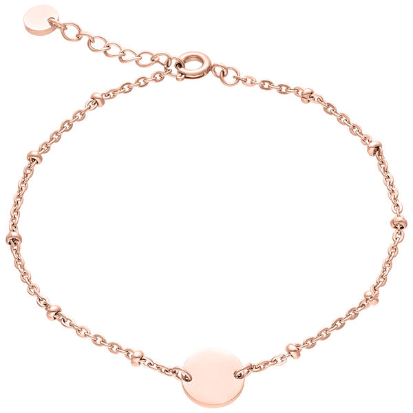 Pulsera de oro rosa de acero quirúrgico con colgante redondo sobre fondo blanco