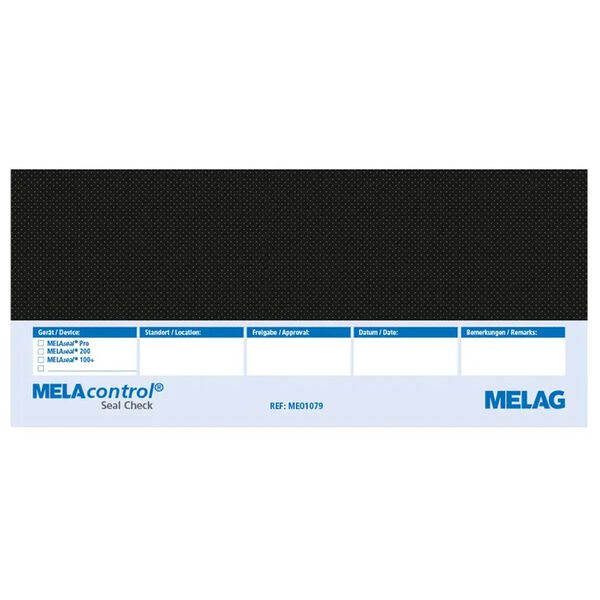 MELAcontrol Seal Check VE100 con design nero e blu su sfondo bianco