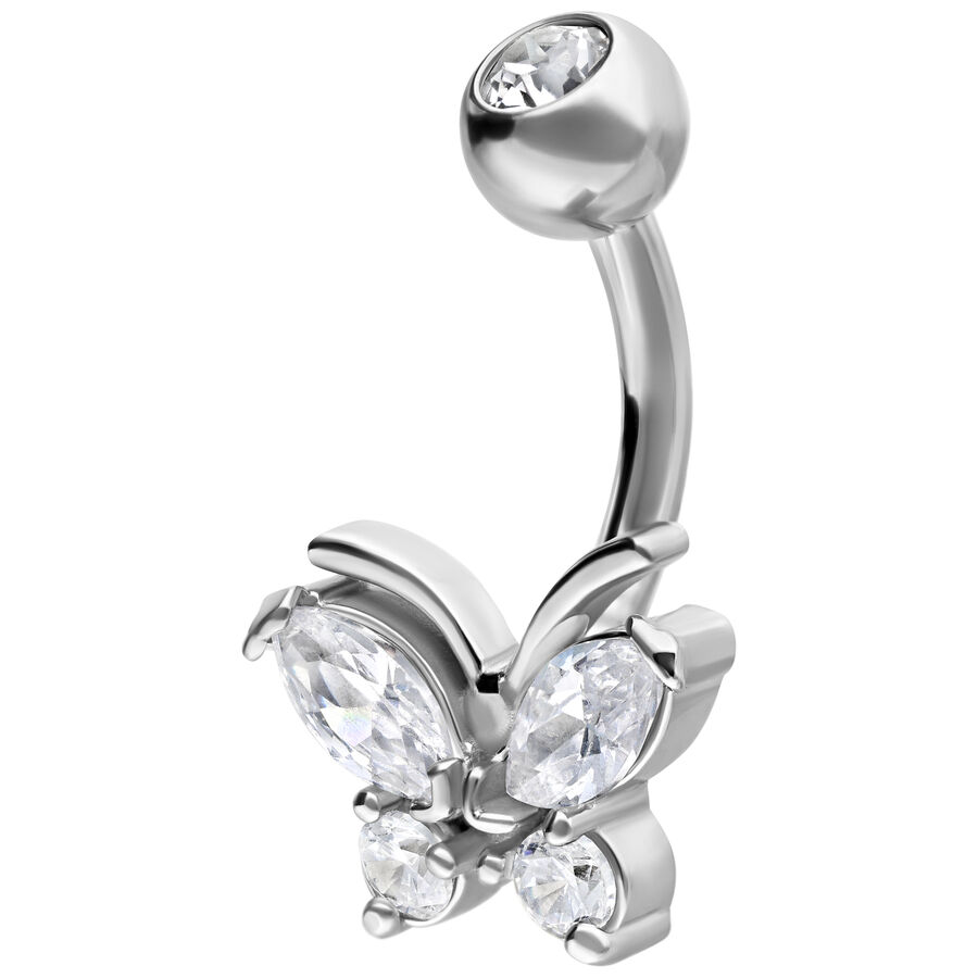 Piercing all'ombelico in argento con farfalla e cristalli trasparenti