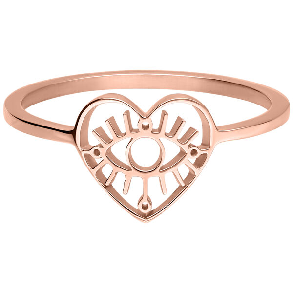 Roségoldener Eye Ring aus Chirurgenstahl, Größe 17mm, mit Herz- und Augenmotiv vor weißem Hintergrund