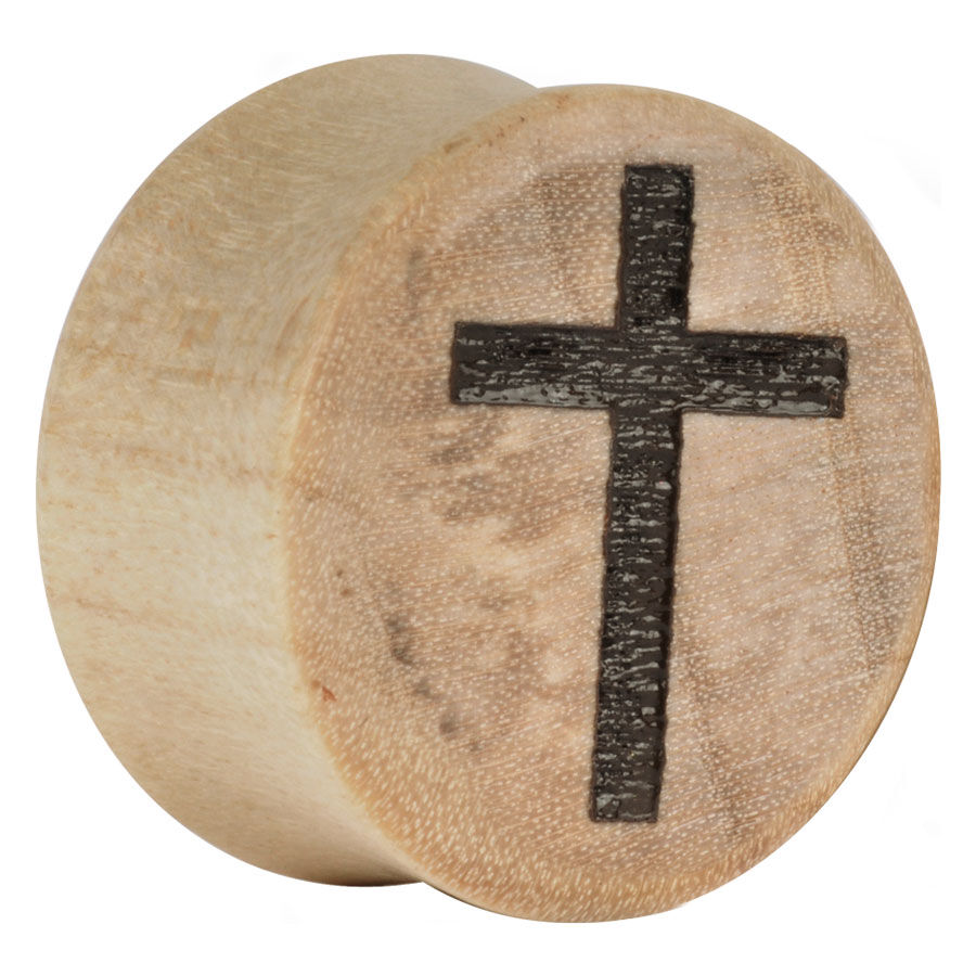 Plug redondo de madera con cruz negra grabada sobre fondo claro